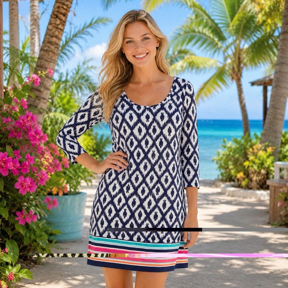 Lilly Pulitzer Beacon Dress Women Large Ikat Fish Print Pima Cotton Nautical